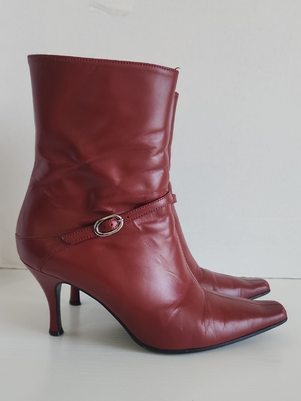 Women's Red Wine Mid-Calf Leather Heeled Boots